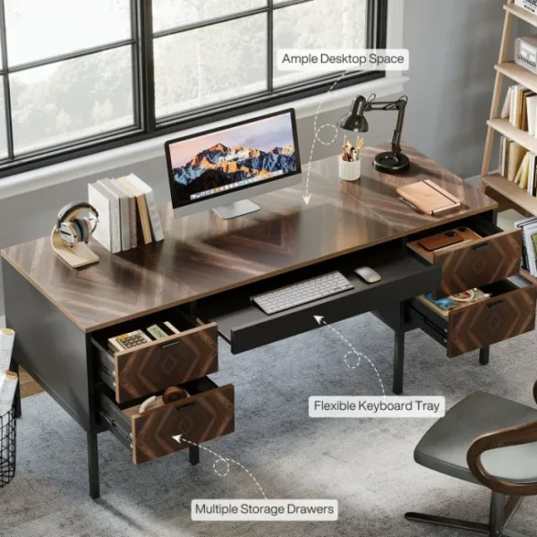 Tribesigns 63" Executive Desk, Rustic Computer Office Desk with 4 Drawers* Desks